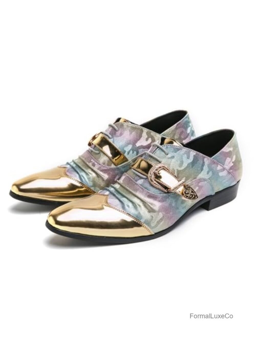 Men's Pointed Toe Metallic Accent Buckle Lace-Up Dress Shoes for Party Wedding